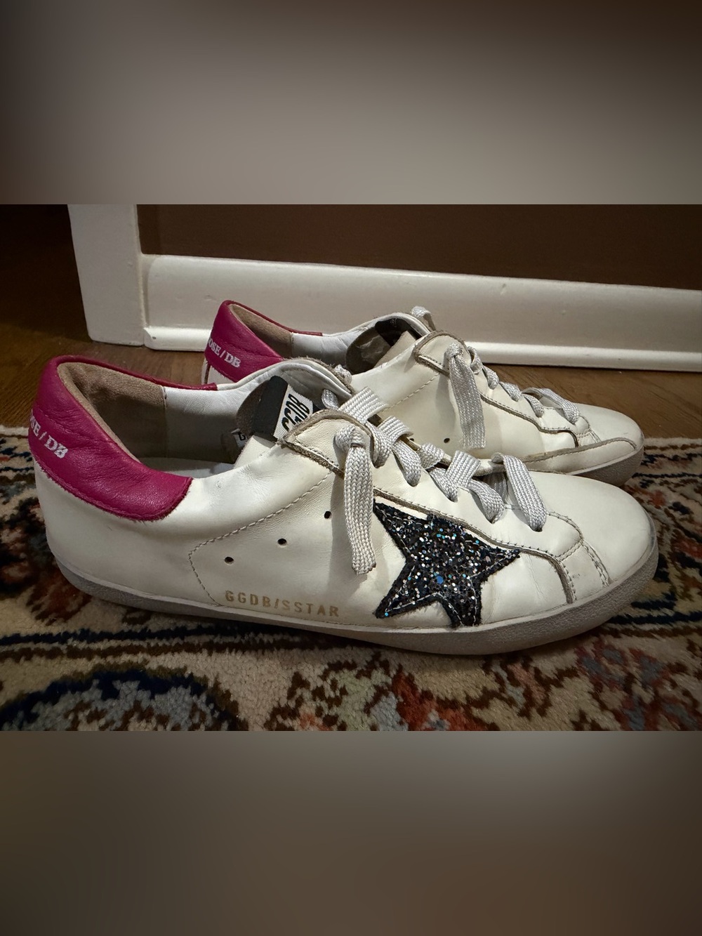 Golden Goose Superstar White Sneakers with Glitter Star and Pink Heel Sz 40